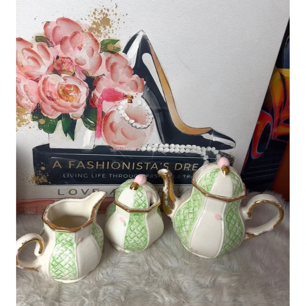 Vintage 1982 M Kennedy Ceramic Tea Set Green Lattice Pink Floral Gold Trim 3pc